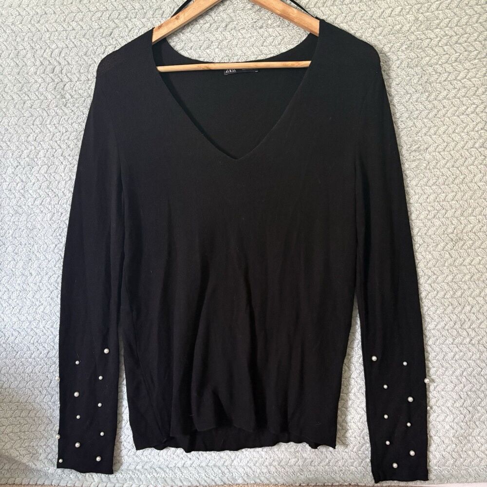 ZARA Black Knit Pearl Cuff Sweater V-Neck Top Size M Coquette Office Siren Chic
